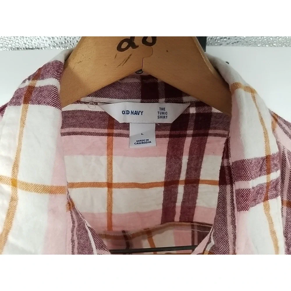 Old Navy Flannel Plaid Tunic‎ Long Sleeve Button Up Shirt Womens L Large - Picture 5 of 6